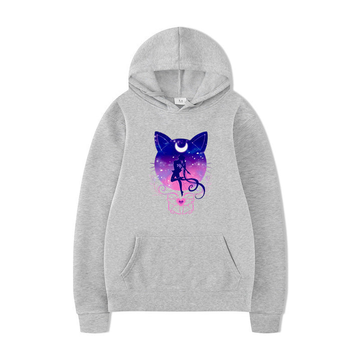 Damernas hoodie med konstnärlig kattdesign och bekväm passform Mirla-Eva Jonsson