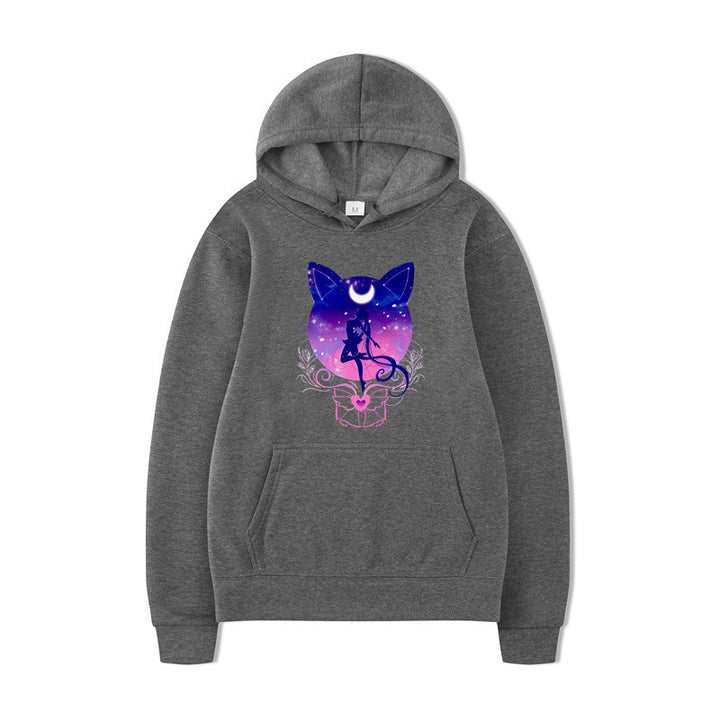 Damernas hoodie med konstnärlig kattdesign och bekväm passform Mirla-Eva Jonsson