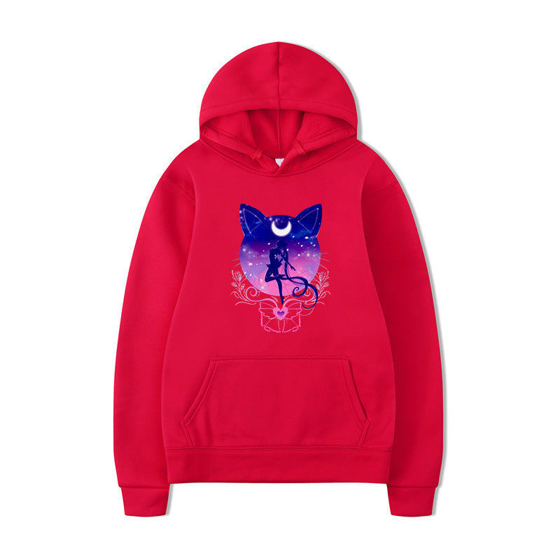 Damernas hoodie med konstnärlig kattdesign och bekväm passform Mirla-Eva Jonsson