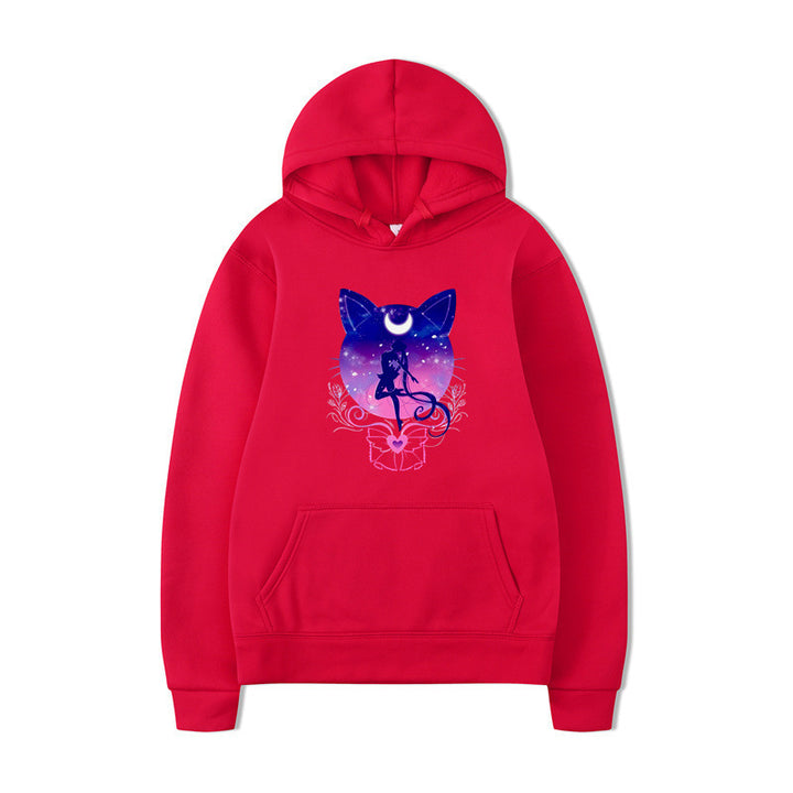 Damernas hoodie med konstnärlig kattdesign och bekväm passform Mirla-Eva Jonsson