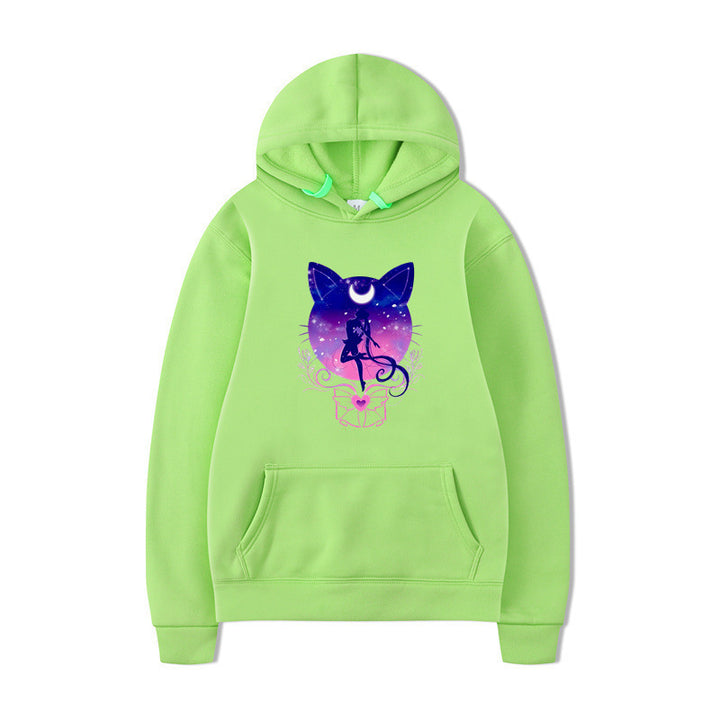 Damernas hoodie med konstnärlig kattdesign och bekväm passform Mirla-Eva Jonsson
