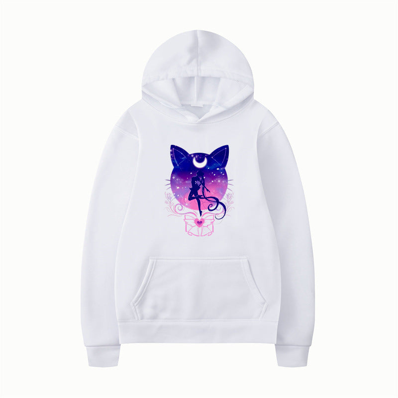 Damernas hoodie med konstnärlig kattdesign och bekväm passform Mirla-Eva Jonsson