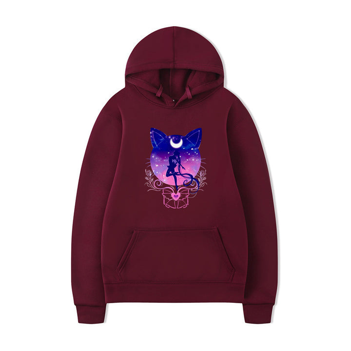 Damernas hoodie med konstnärlig kattdesign och bekväm passform Mirla-Eva Jonsson