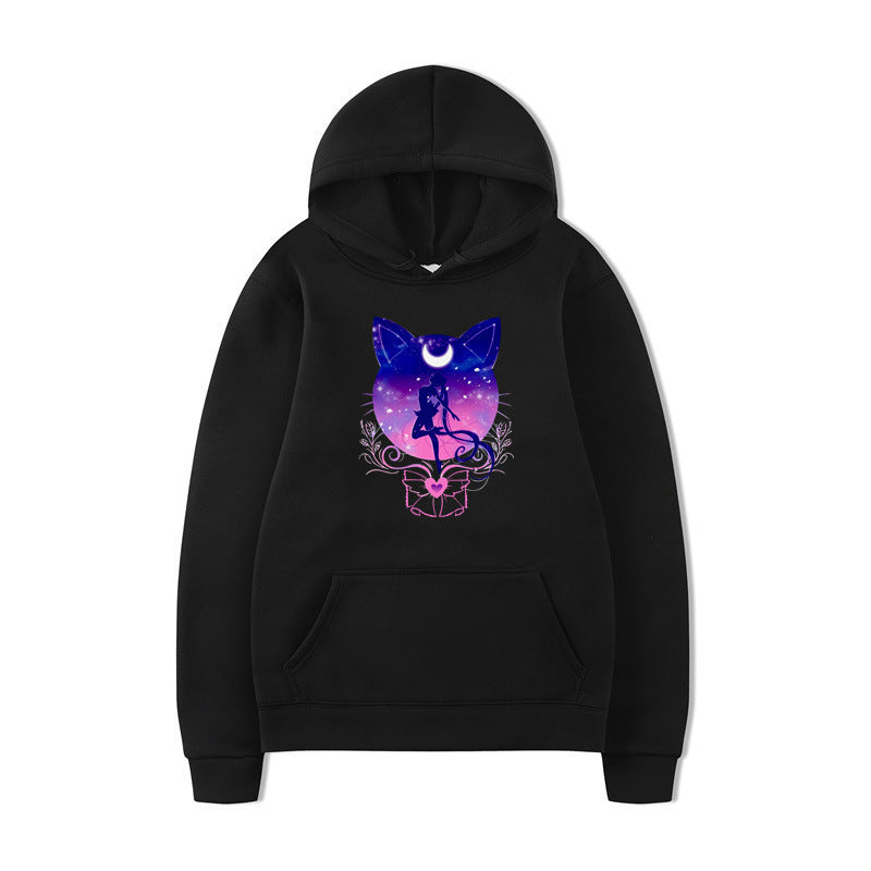 Damernas hoodie med konstnärlig kattdesign och bekväm passform Mirla-Eva Jonsson