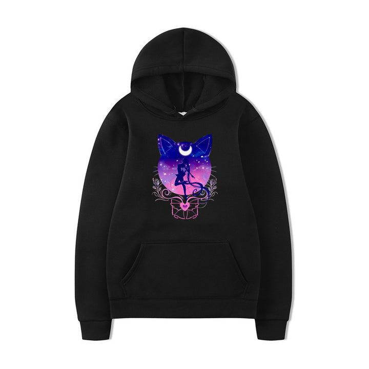 Damernas hoodie med konstnärlig kattdesign och bekväm passform Mirla-Eva Jonsson