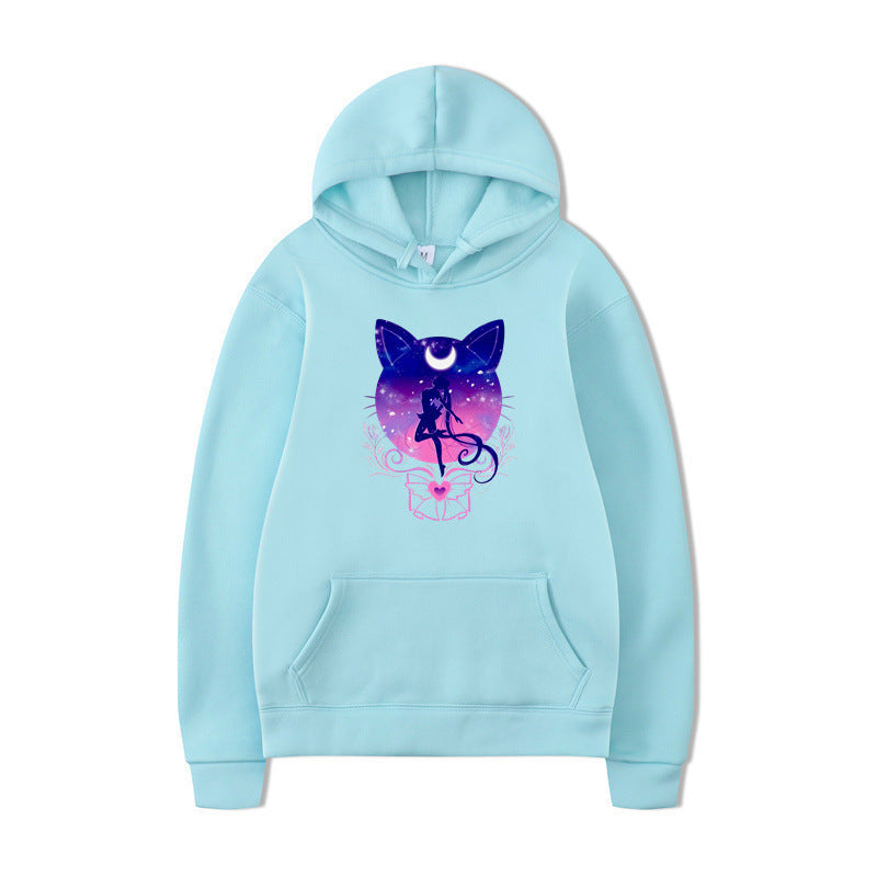 Damernas hoodie med konstnärlig kattdesign och bekväm passform Mirla-Eva Jonsson