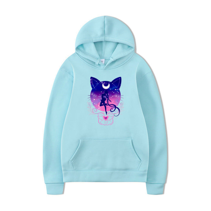 Damernas hoodie med konstnärlig kattdesign och bekväm passform Mirla-Eva Jonsson