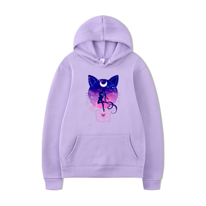 Damernas hoodie med konstnärlig kattdesign och bekväm passform Mirla-Eva Jonsson