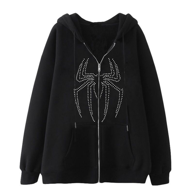 Damernas hoodiejacka med glittrande spidermotiv och praktiska fickor Mirla-Eva Jonsson