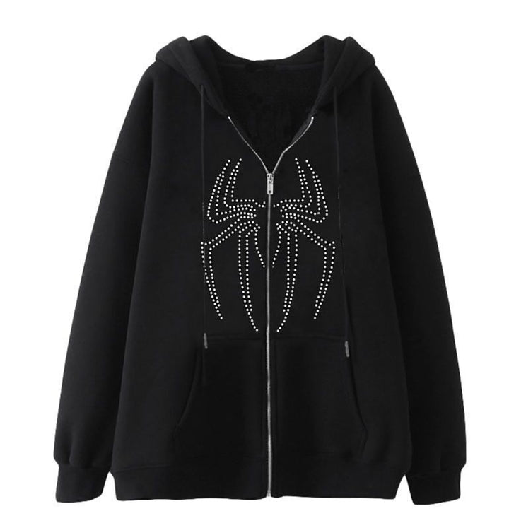 Damernas hoodiejacka med glittrande spidermotiv och praktiska fickor Mirla-Eva Jonsson