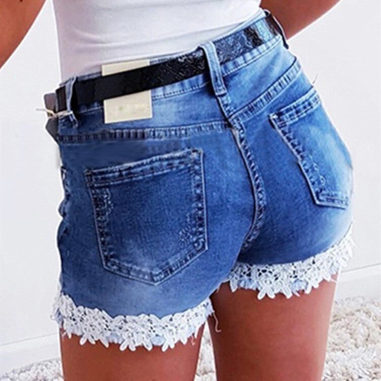 Damernas jeansshorts med romantisk spetsdetalj och hög midja Eva Jonsson-Eva Jonsson