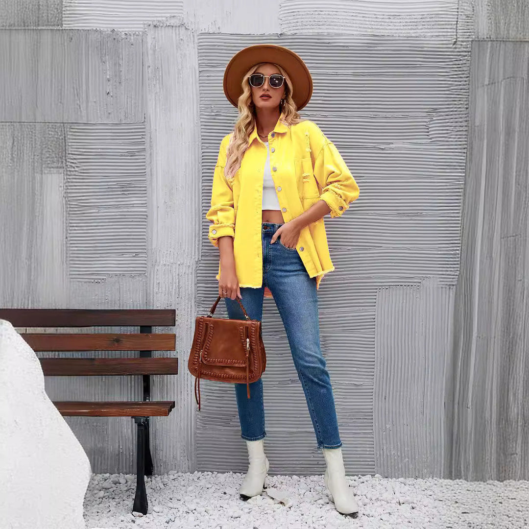 Damernas jeansskjortjacka i avslappnad oversized passform med fransdetaljer Mirla-Eva Jonsson
