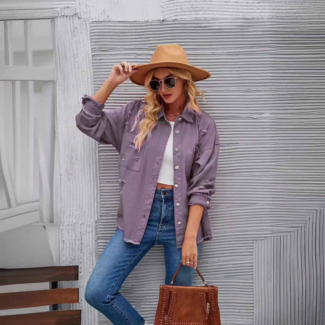 Damernas jeansskjortjacka i avslappnad oversized passform med fransdetaljer Mirla-Eva Jonsson
