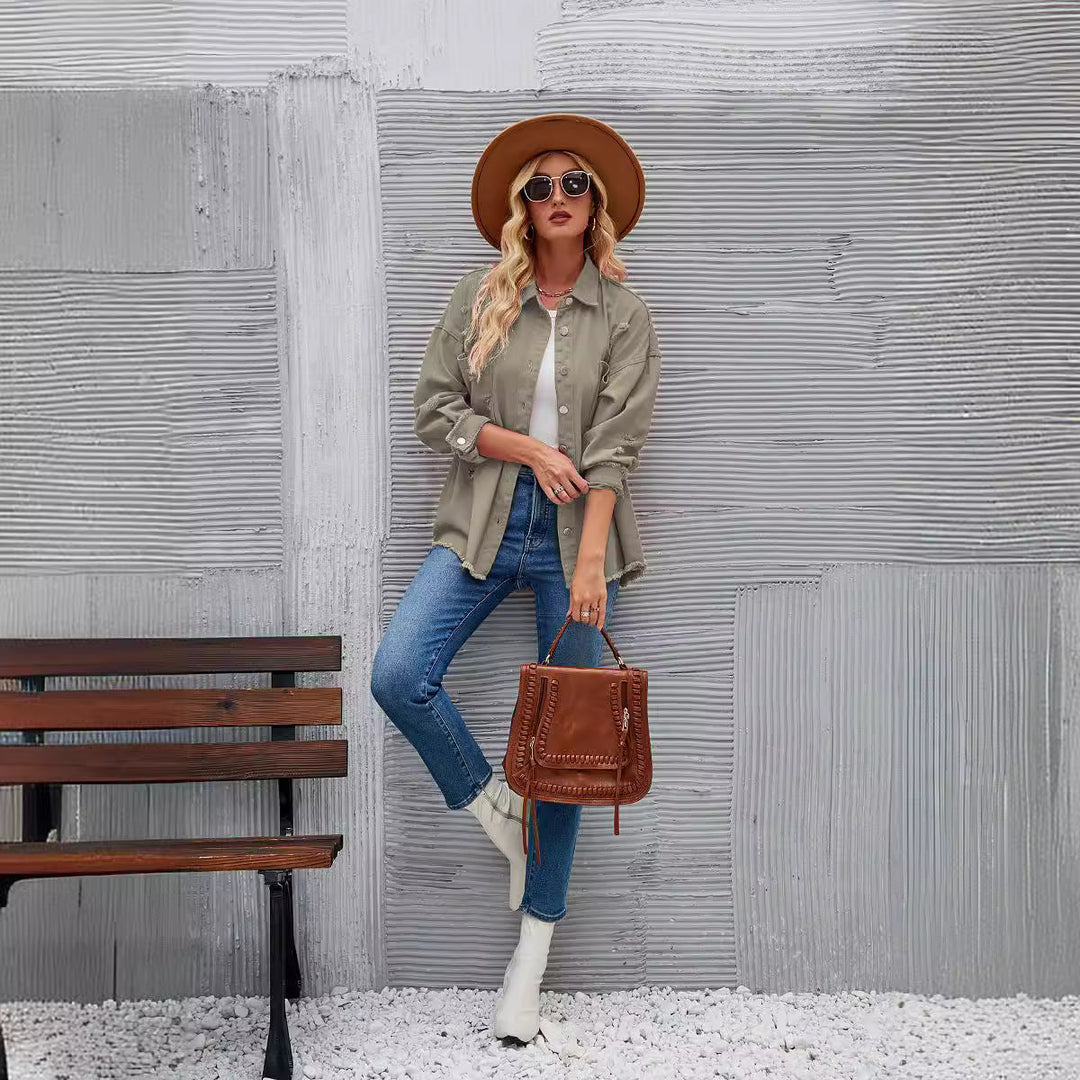 Damernas jeansskjortjacka i avslappnad oversized passform med fransdetaljer Mirla-Eva Jonsson
