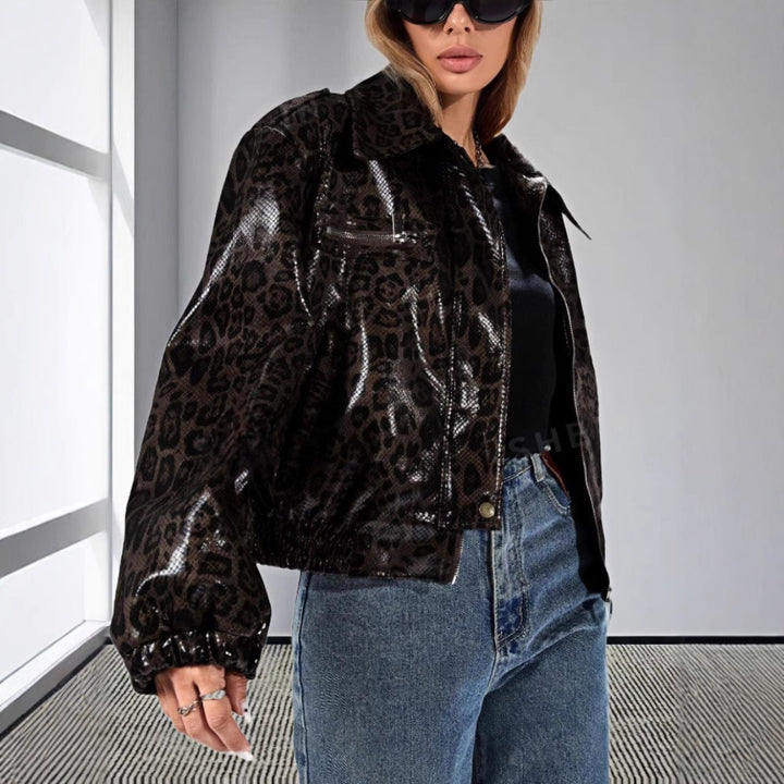 Damernas konläder bikerjacka i leo-design Mirla-Eva Jonsson