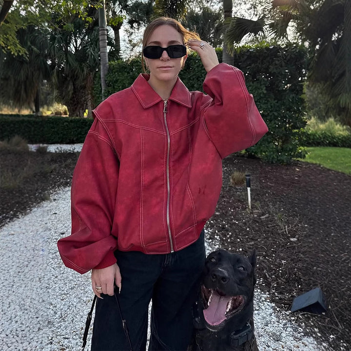 Damernas konstläderjacka med voluminösa ärmar och hög krage Mirla-Eva Jonsson