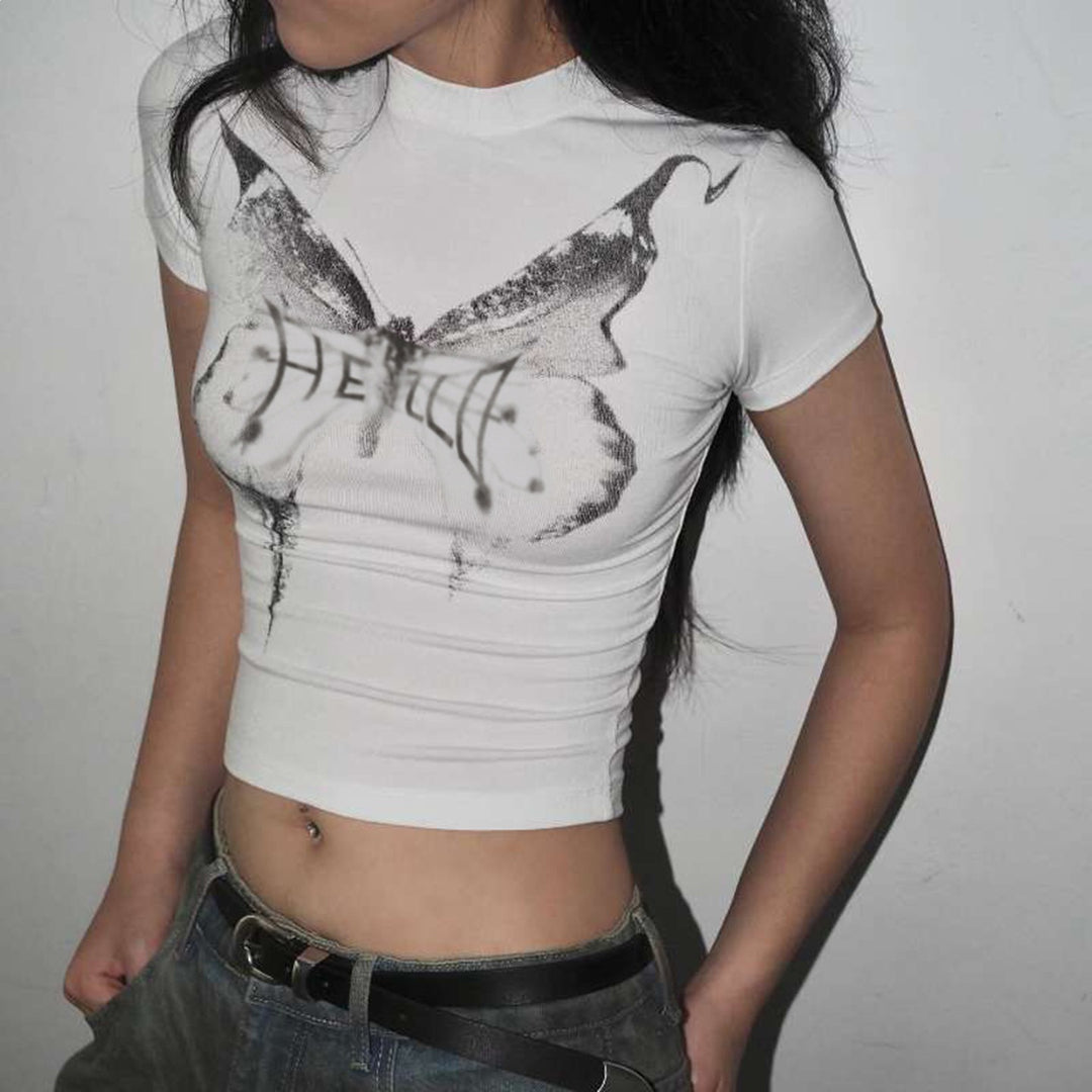 Damernas kortärmad T-shirt med elegant fjärilsdesign och ståkrage Mirla-Eva Jonsson