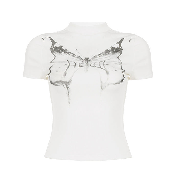 Damernas kortärmad T-shirt med elegant fjärilsdesign och ståkrage Mirla-Eva Jonsson