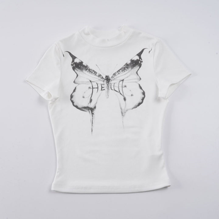Damernas kortärmad T-shirt med elegant fjärilsdesign och ståkrage Mirla-Eva Jonsson