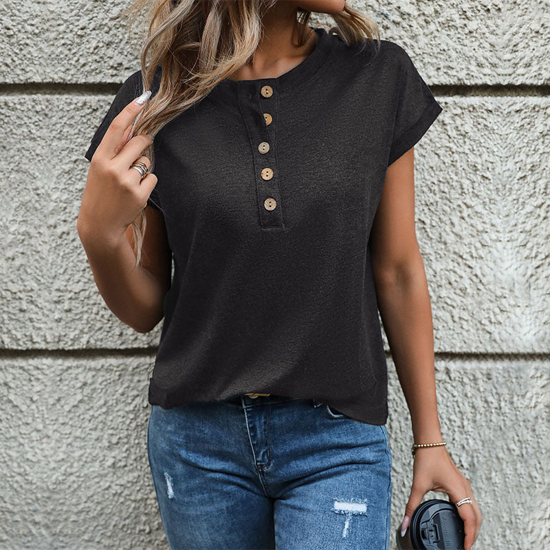 Damernas kortärmad T-shirt med knapplist Mirla-Eva Jonsson