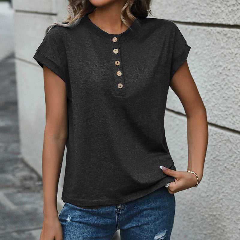 Damernas kortärmad T-shirt med knapplist Mirla-Eva Jonsson