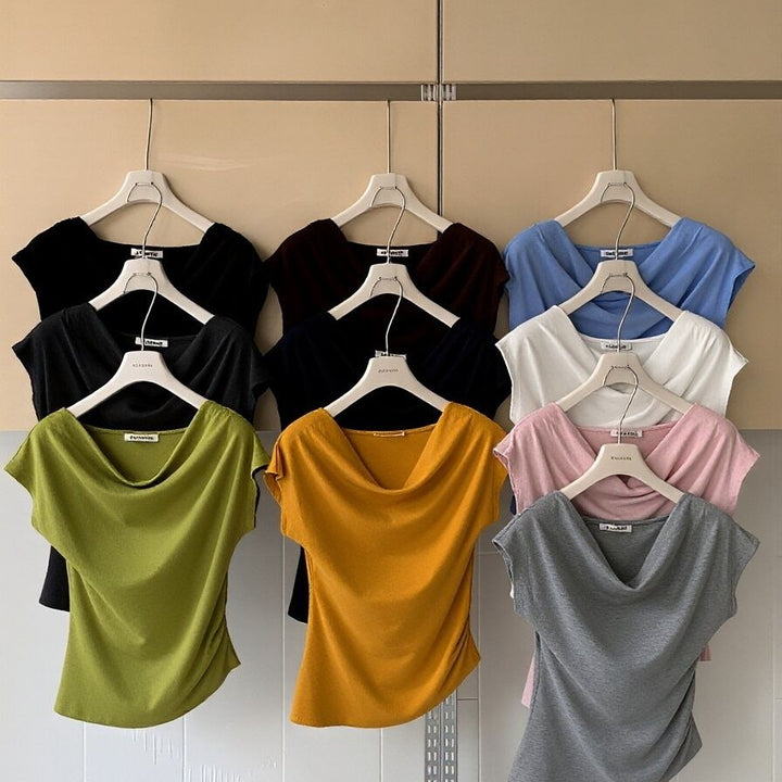 Damernas kortärmad T-shirt med rynkor slim fit-Eva Jonsson