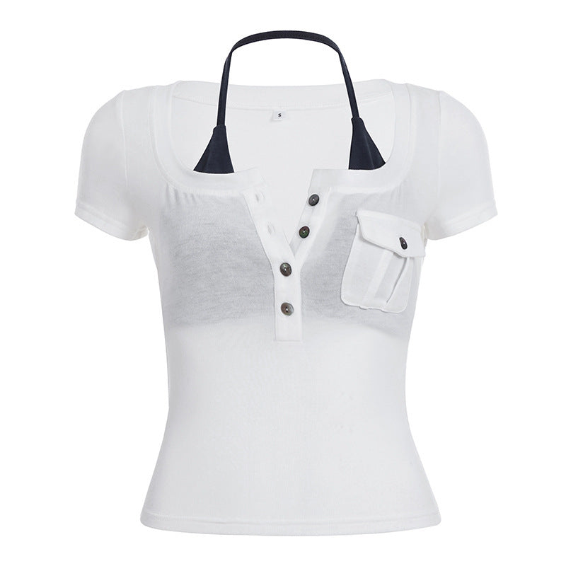 Damernas kortärmad blus med trendig Henley-design och praktisk bröstficka Mirla-Eva Jonsson