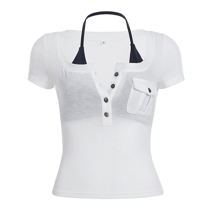 Damernas kortärmad blus med trendig Henley-design och praktisk bröstficka Mirla-Eva Jonsson