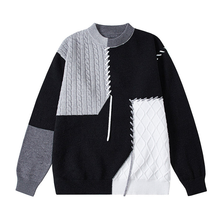 Damernas kreativa tröja med strukturerad patchwork-design och unika detaljer Mirla-Eva Jonsson