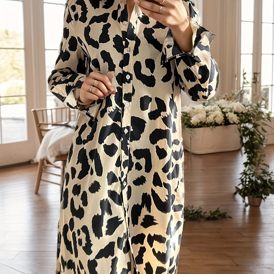 Damernas lång skjortklänning med elegant leopardmönster Eva Jonsson-Eva Jonsson