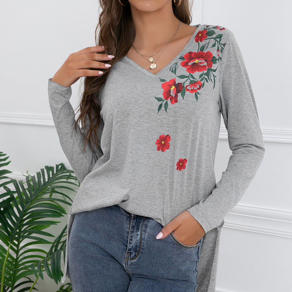 Damernas långärmad T-shirt med blommönster och V-ringning Eva Jonsson-Eva Jonsson