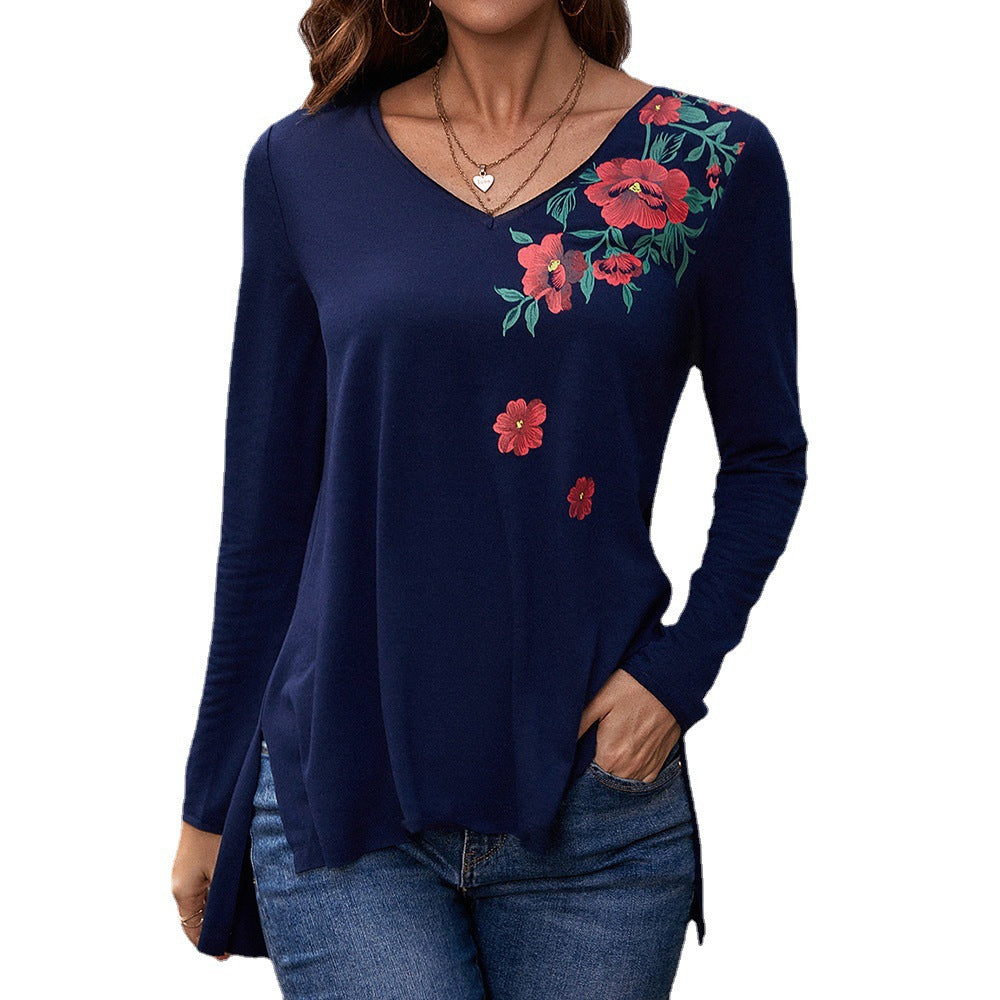 Damernas långärmad T-shirt med blommönster och V-ringning Eva Jonsson-Eva Jonsson