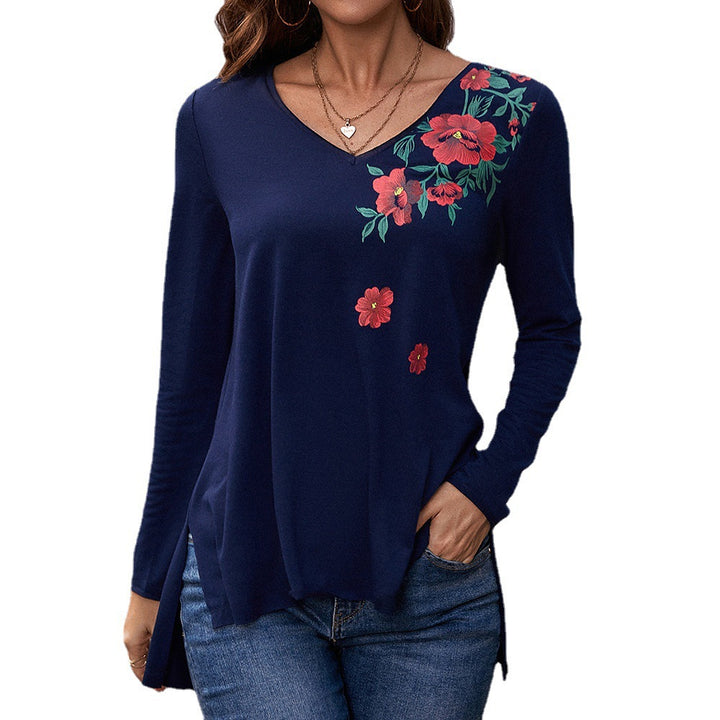 Damernas långärmad T-shirt med blommönster och V-ringning Eva Jonsson-Eva Jonsson