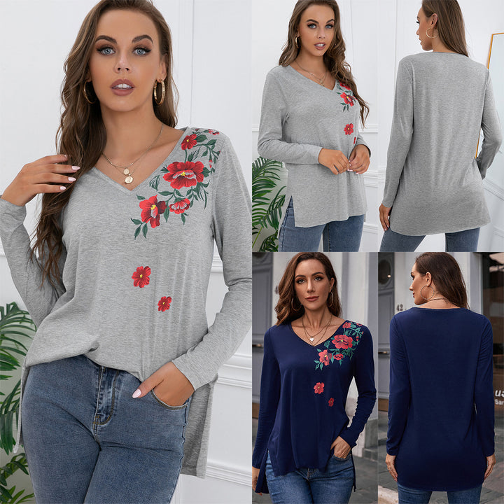 Damernas långärmad T-shirt med blommönster och V-ringning Eva Jonsson-Eva Jonsson