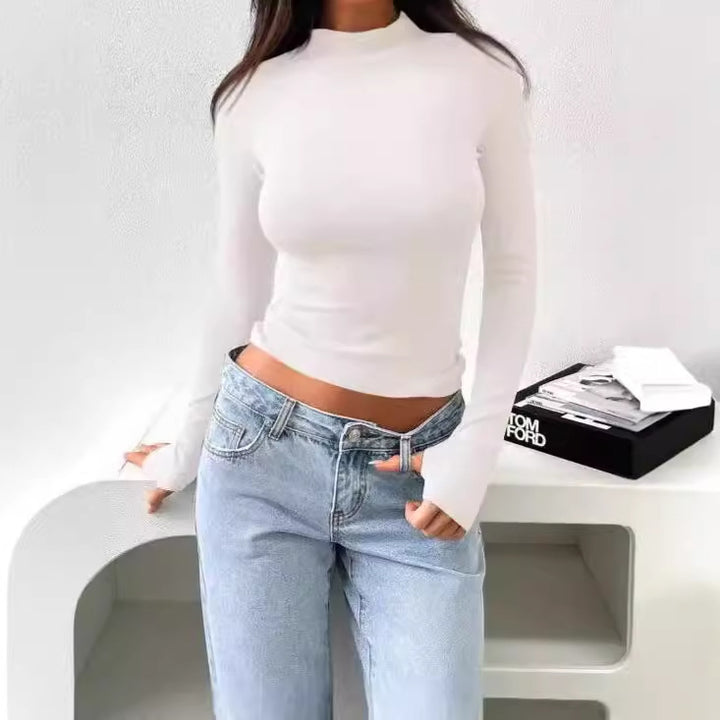Damernas långärmad T-shirt med hög krage och fin ribbad textur Mirla-Eva Jonsson