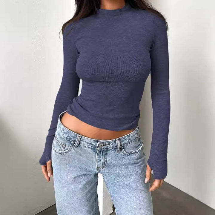 Damernas långärmad T-shirt med hög krage och fin ribbad textur Mirla-Eva Jonsson