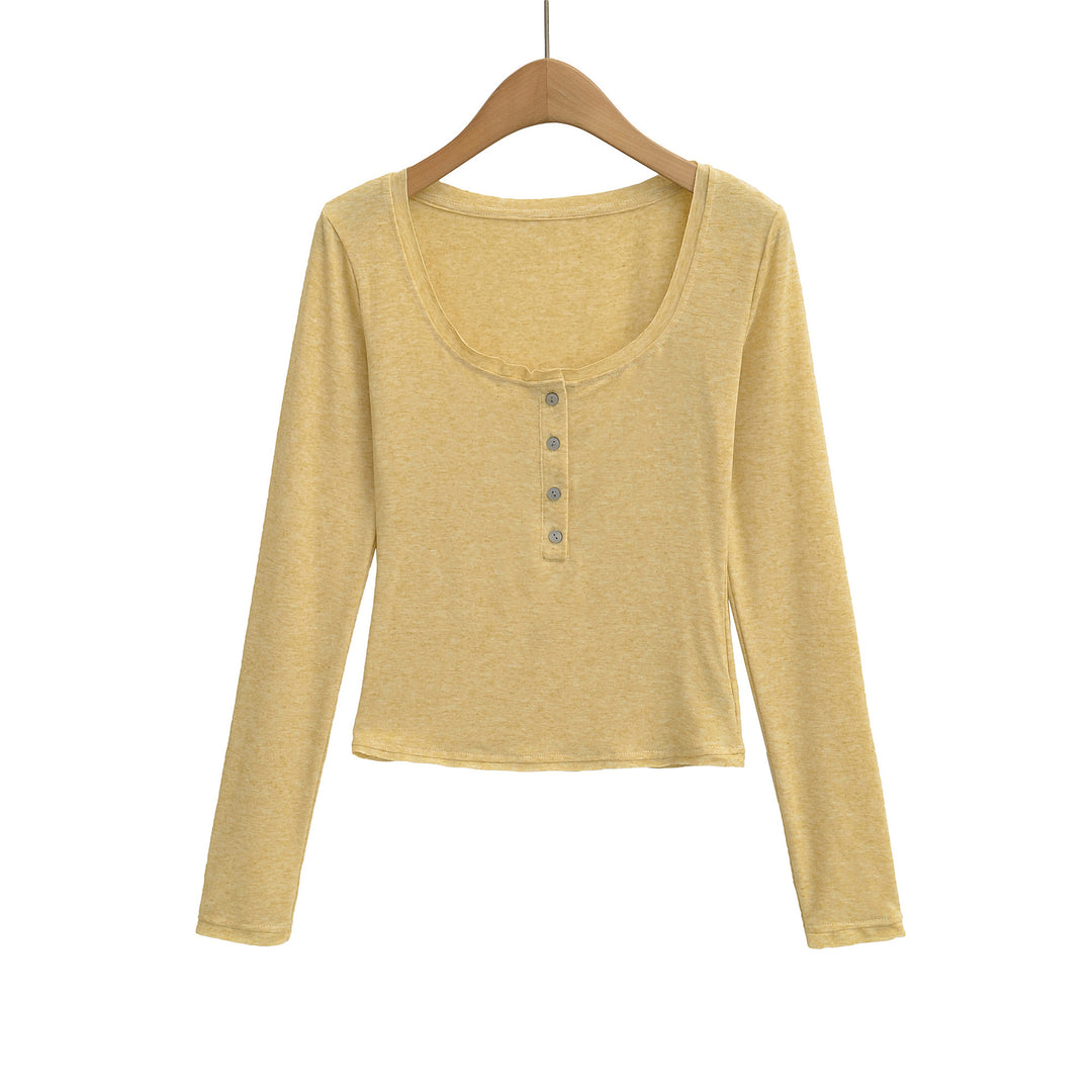 Damernas långärmad basic topp med rundhals och knapplist Eva Jonsson-Eva Jonsson