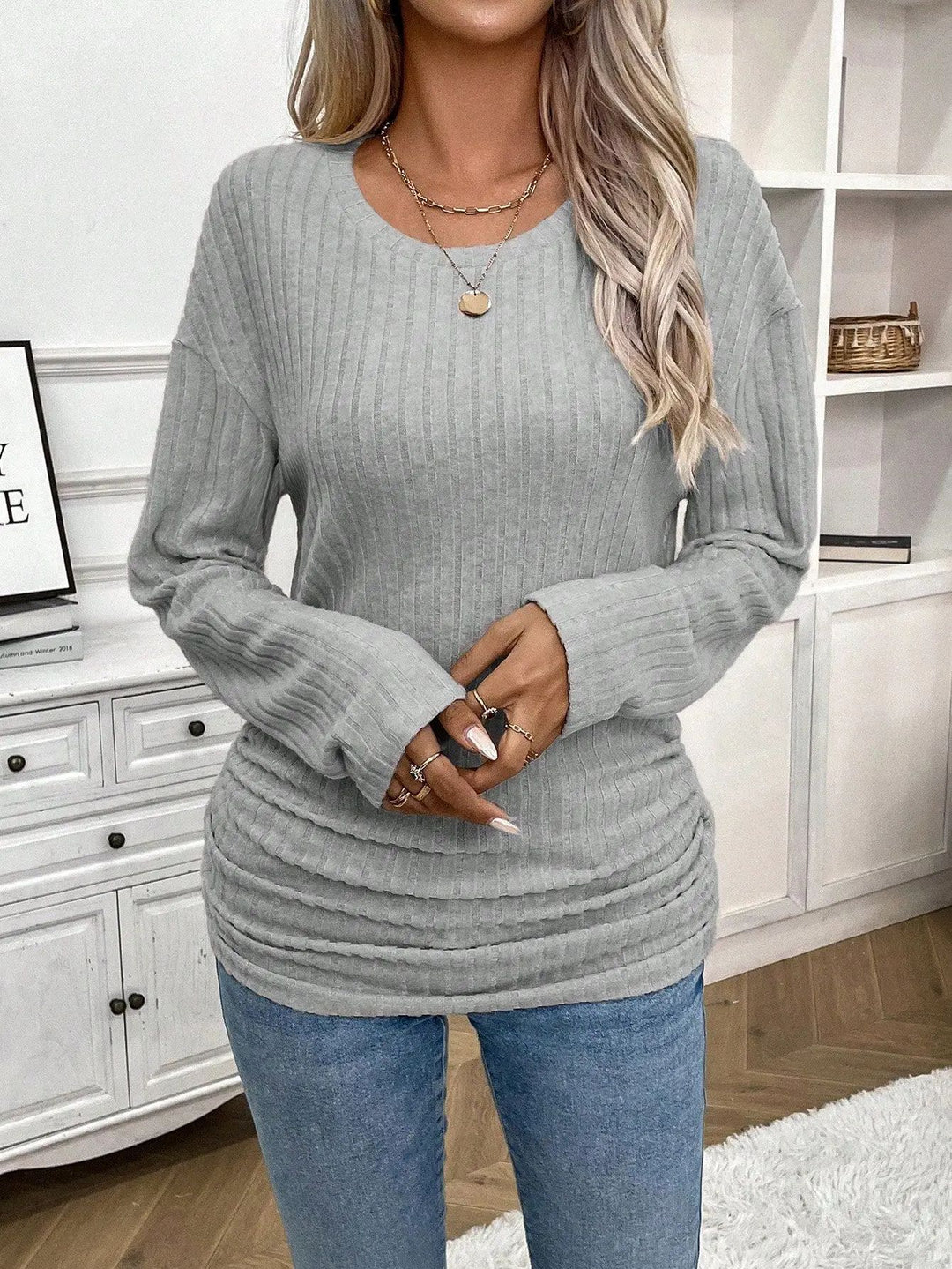 Damernas långärmad ribbad topp med figursydd skärning Eva Jonsson-Eva Jonsson