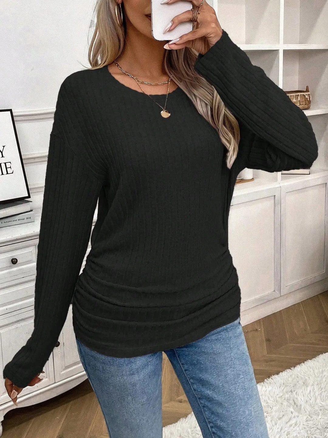 Damernas långärmad ribbad topp med figursydd skärning Mirla-Eva Jonsson