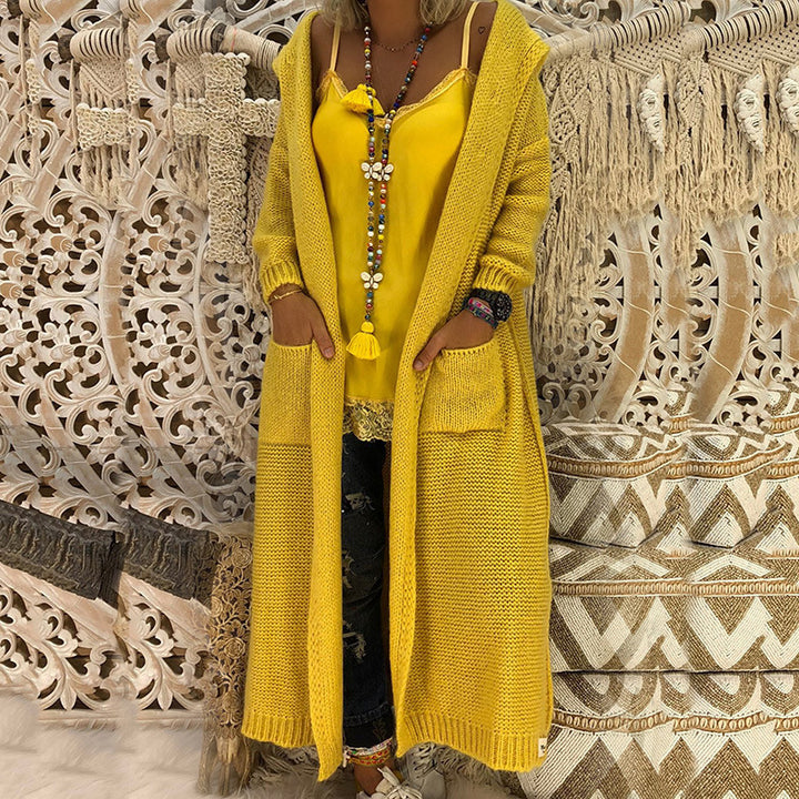 Damernas långärmad stickad mantel med huva och fickor Eva Jonsson-Eva Jonsson