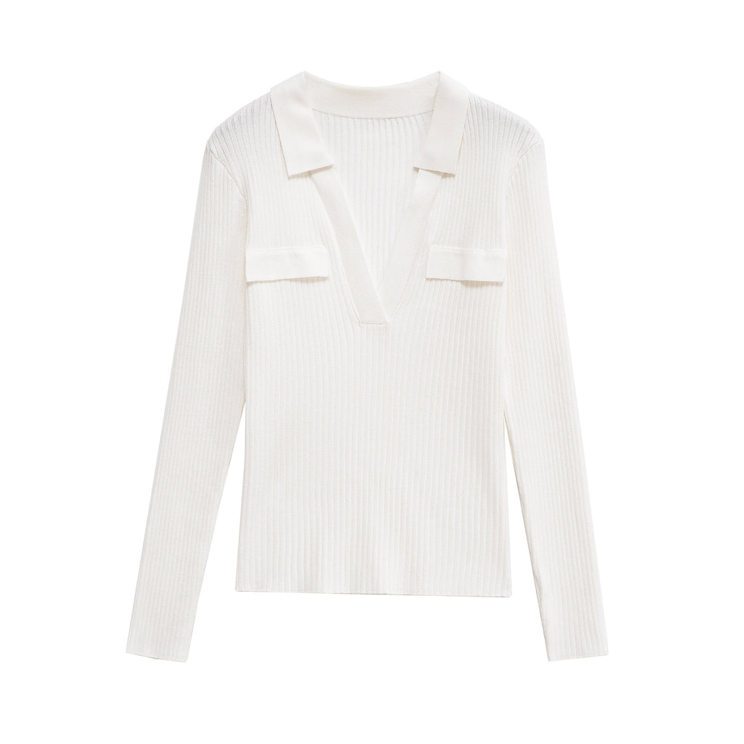 Damernas långärmad t-shirt med V-hals och dekorativa fickor Eva Jonsson-Eva Jonsson