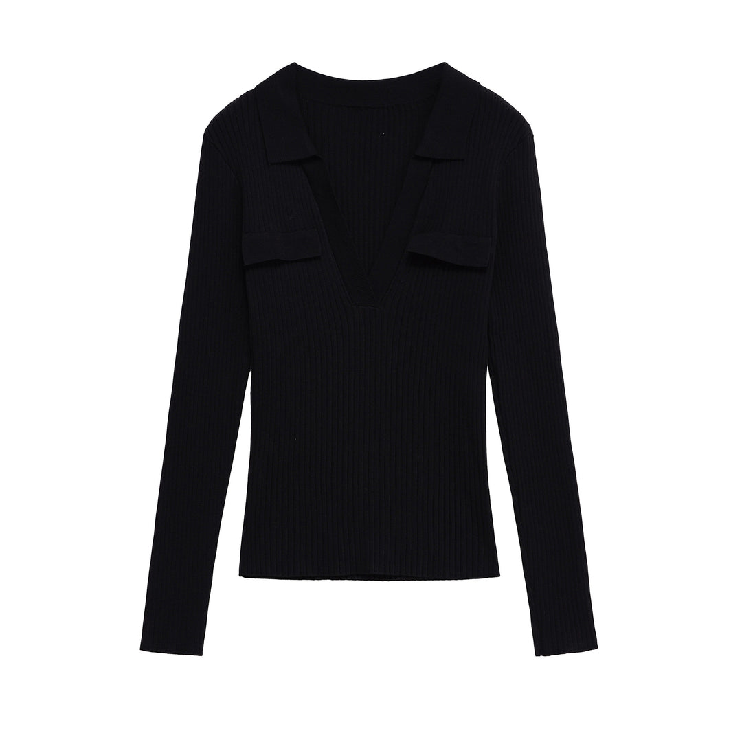 Damernas långärmad t-shirt med V-hals och dekorativa fickor Eva Jonsson-Eva Jonsson