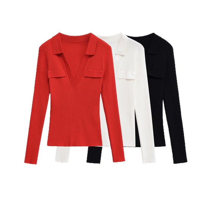 Damernas långärmad t-shirt med V-hals och dekorativa fickor Eva Jonsson-Eva Jonsson