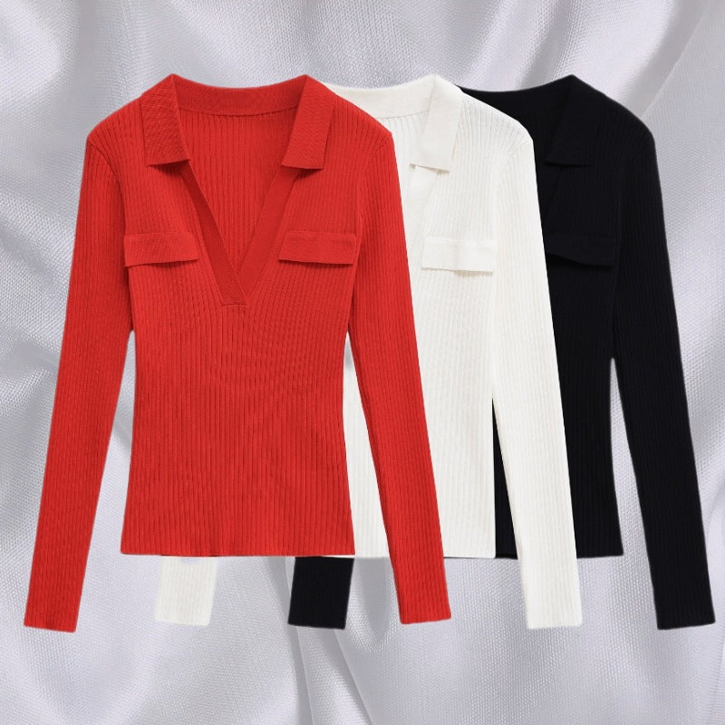 Damernas långärmad t-shirt med V-hals och dekorativa fickor Eva Jonsson-Eva Jonsson