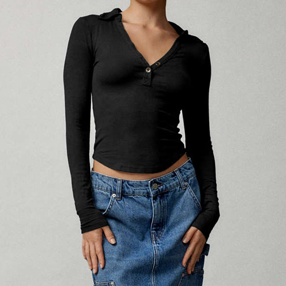 Damernas långärmad t-shirt med moderiktig krage och knappslå Mirla-Eva Jonsson