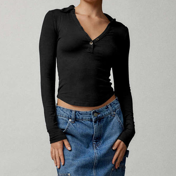 Damernas långärmad t-shirt med moderiktig krage och knappslå Mirla-Eva Jonsson