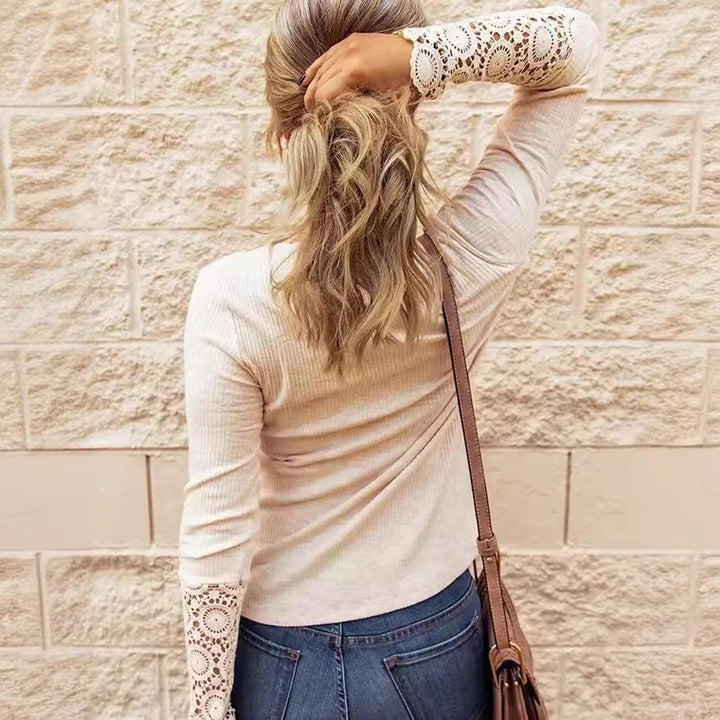 Damernas långärmad tröja med dekorativt virkade detaljer och knapplist Eva Jonsson-Eva Jonsson