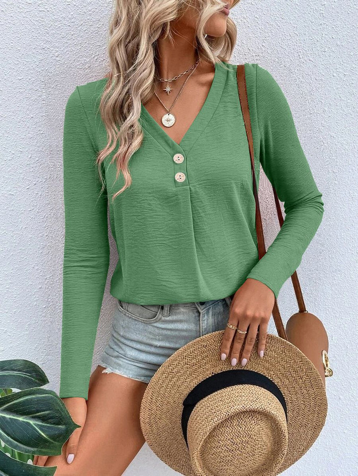 Damernas långärmad tröja med knäppbar halsringning och V-hals Eva Jonsson-Eva Jonsson