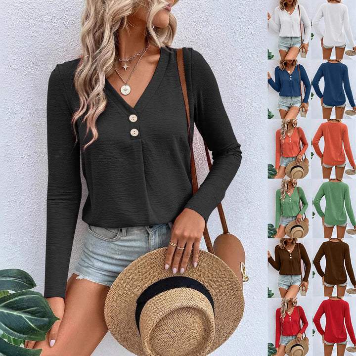 Damernas långärmad tröja med knäppbar halsringning och V-hals Eva Jonsson-Eva Jonsson