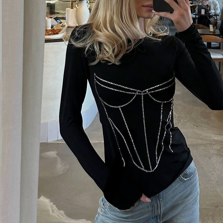 Damernas långärmad tröja med strassprydd korsett-design Mirla-Eva Jonsson